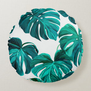 Teal Tropical Monstera Leaf Seamless Pattern Art Round Cushion