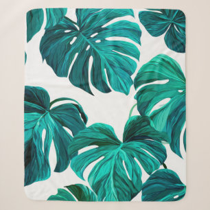 Teal Tropical Monstera Leaf Seamless Pattern Art Sherpa Blanket