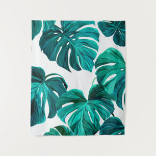 Teal Tropical Monstera Leaf Seamless Pattern Art Tapestry