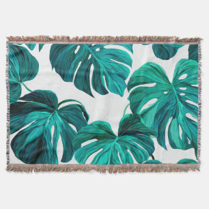 Teal Tropical Monstera Leaf Seamless Pattern Art Throw Blanket