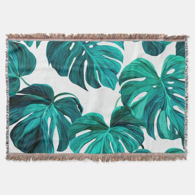 Teal Tropical Monstera Leaf Seamless Pattern Art Throw Blanket (Front)