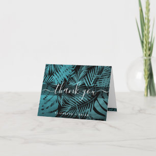 Teal tropical palm leaf pattern calligraphy script thank you card