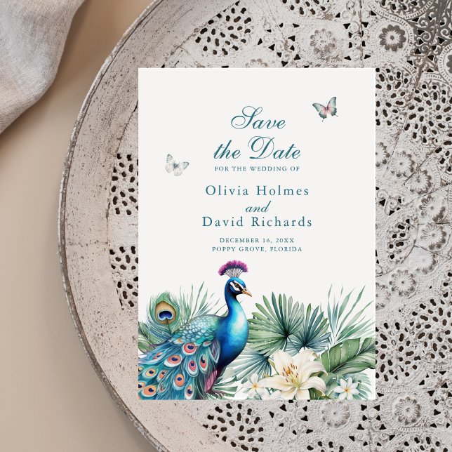 Teal Tropical Peacock Wedding Save the Date Card (Teal Tropical Peacock Wedding Save the Date Card on a neutral boho plate.)