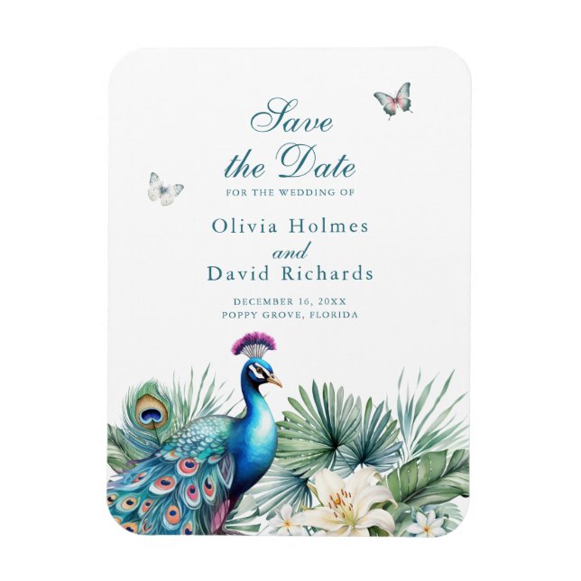 Teal Tropical Peacock Wedding Save the Date Card Magnet (Vertical)