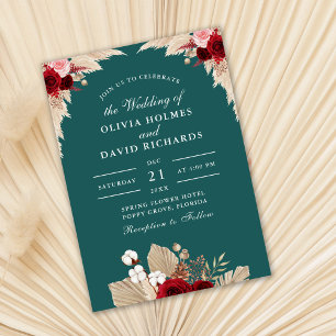 Teal Tropical Roses Wedding Invitation