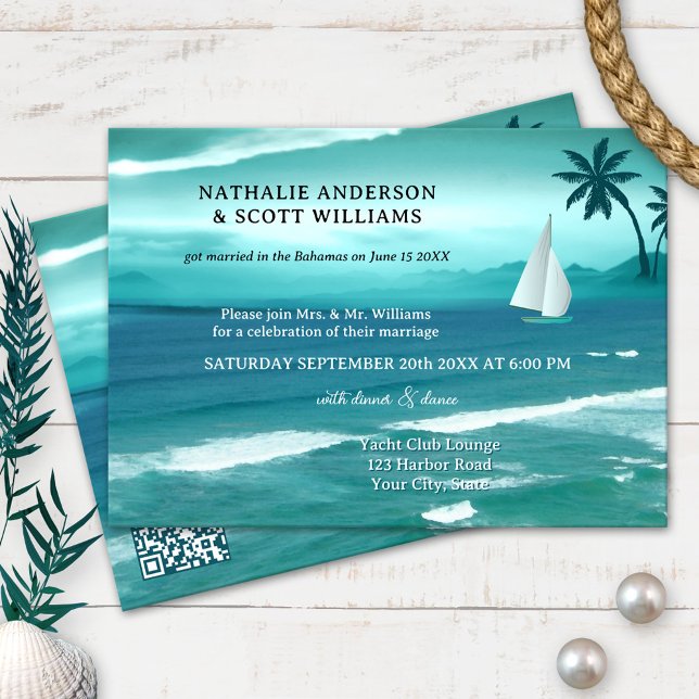 Teal Tropical Sailing QR Code After Wedding Invitation (Creator Uploaded)