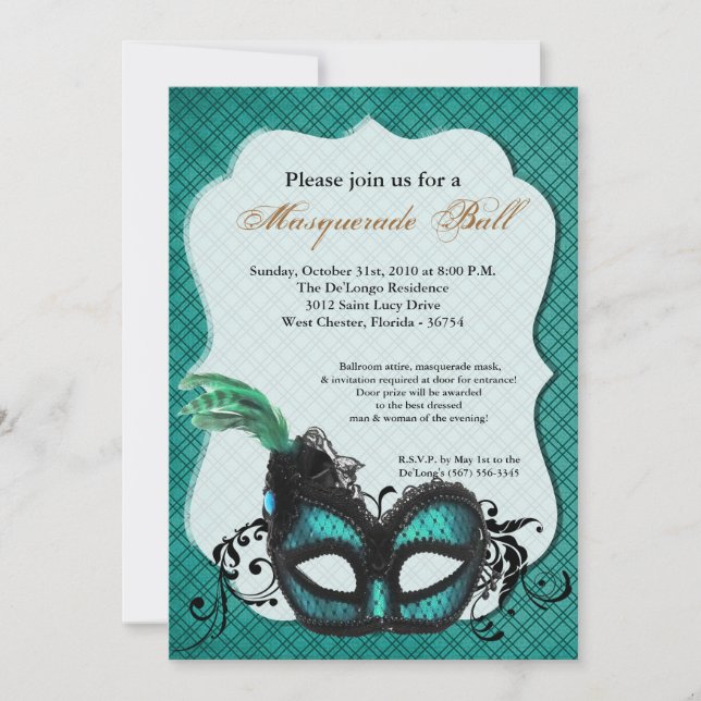 Teal Turquo Masquerade Mask Ball Costume Halloween Invitation (Front)