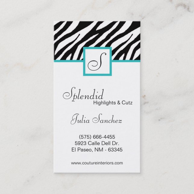 Teal Turquoi Zebra Print Personalise Business Card (Front)
