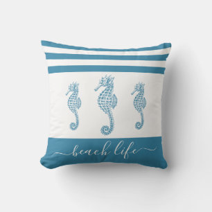 Teal turquoise 3 seahorse beach life script modern cushion