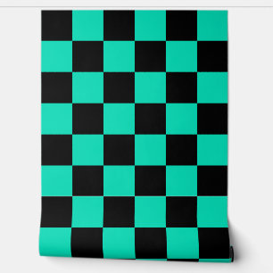 Teal Turquoise and Black Chequered Pattern Wallpaper