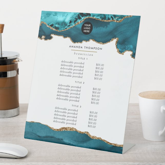 Teal - Turquoise and Gold Agate Business Pricing Pedestal Sign (In SItu)