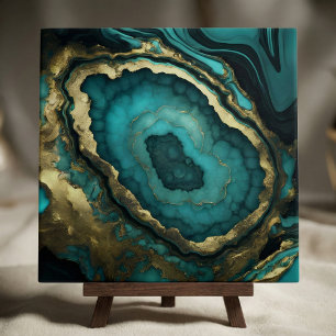 Teal Turquoise and Gold Agate Geode Liquid Marble Ceramic Tile