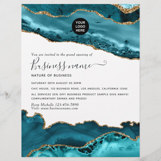 Teal - Turquoise and Gold Agate Grand Opening Flyer (Front)