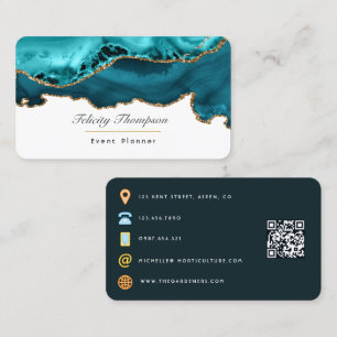 Teal - Turquoise and Gold Agate Stone QR Code Business Card
