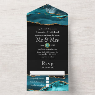 Teal - Turquoise and Gold Agate Stone Wedding All  All In One Invitation