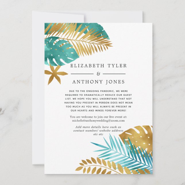 Teal - Turquoise and Gold Tropical Guest List Announcement (Front)
