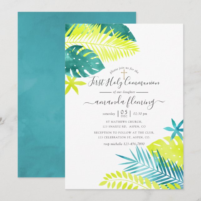 Teal - Turquoise and Lemon Tropical Holy Communion Invitation (Front/Back)