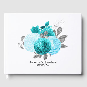 Teal - Turquoise and Silver Floral Wedding Guest Book