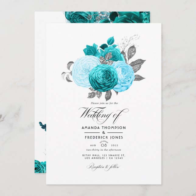 Teal - Turquoise and Silver Floral Wedding Invitation (Front/Back)