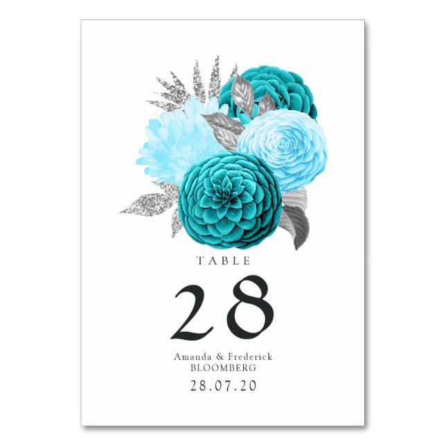 Teal - Turquoise and Silver Floral Wedding Table Number (Front)