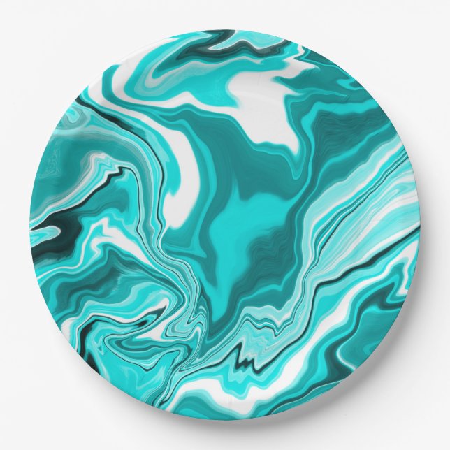 Teal, Turquoise and White Marble    Paper Plate (Front)