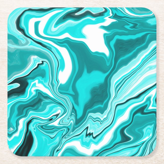 Teal, Turquoise and White Marble  Square Paper Coaster (Front)