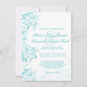 Teal Turquoise Aqua Flourish Wedding Invitations