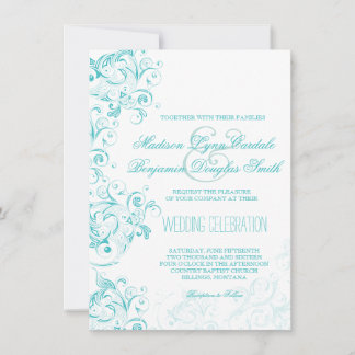Teal Turquoise Aqua Flourish Wedding Invitations