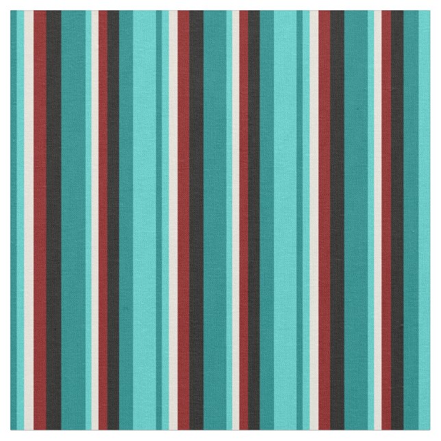 Teal, Turquoise, Beige, Maroon & Black Stripes Fabric (Close Up)