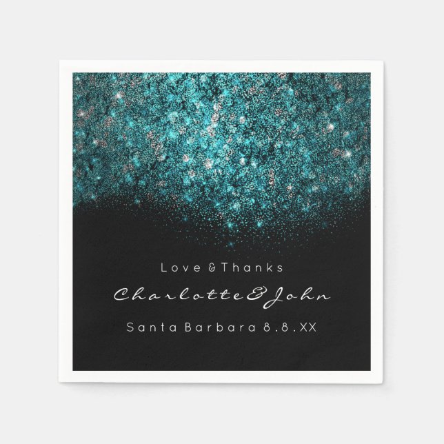 Teal Turquoise Blue Black White Confetti Sequin Napkin (Front)