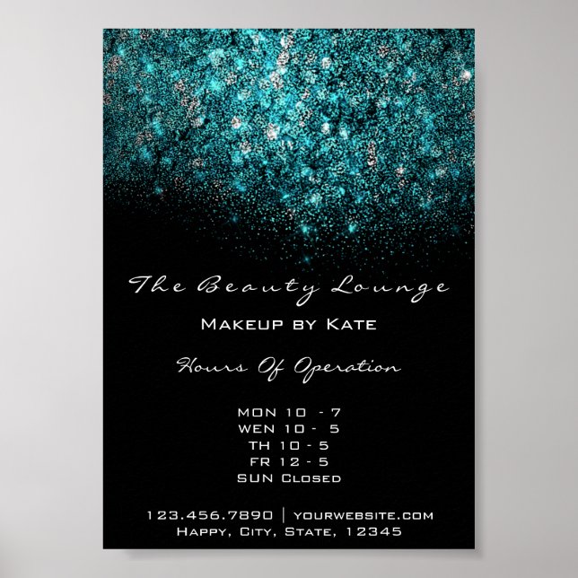 Teal Turquoise Blue Black White Confetti Sequin Poster (Front)