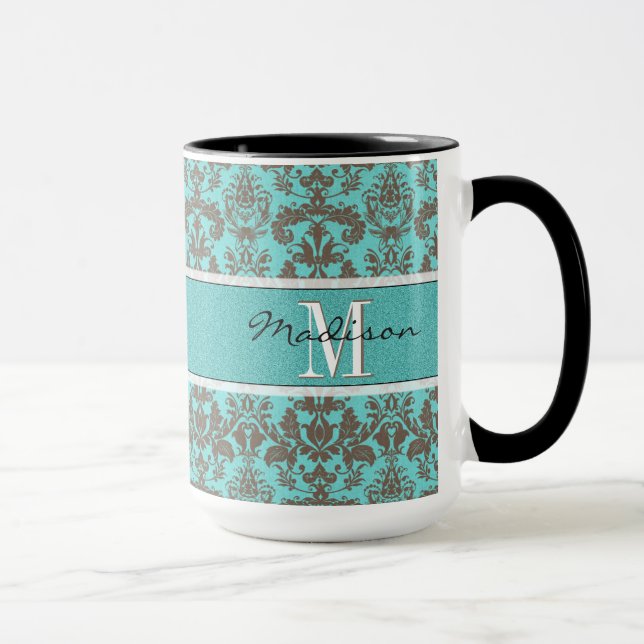 Teal Turquoise blue & Brown Damask,  Personalised Mug (Right)