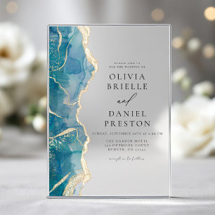 Teal Turquoise Blue Gold Agate Elegant Wedding Acrylic Invitations