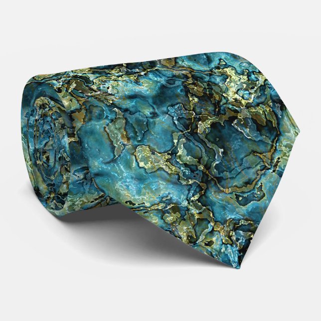 Teal Turquoise Blue Green Faux Gold Agate Pattern Tie (Rolled)