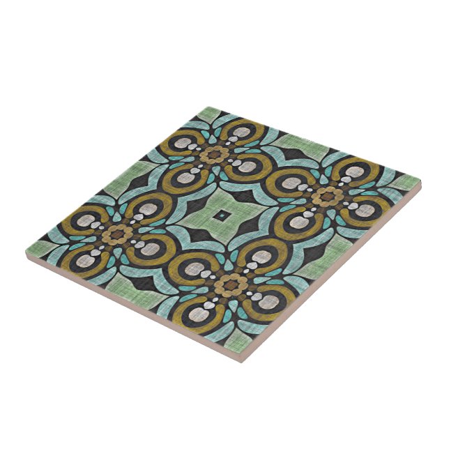 Teal Turquoise Blue Green Ochre Ethnic Tribe Art Tile (Side)