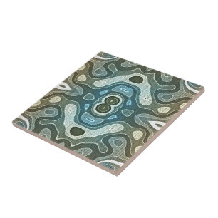 Teal Turquoise Blue Grey Brown Ethnic Tribe Art Ceramic Tile
