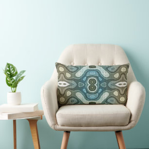 Teal Turquoise Blue Grey Brown Hip Bohemian Art Lumbar Cushion