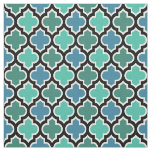 Teal Turquoise Blue Moroccan Quatrefoil Pattern Fabric