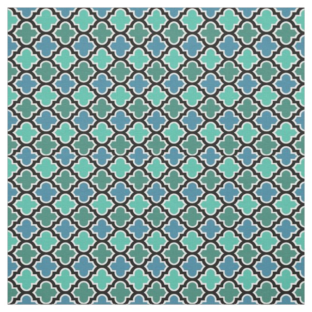 Teal Turquoise Blue Moroccan Quatrefoil Pattern Fabric (Swatch)