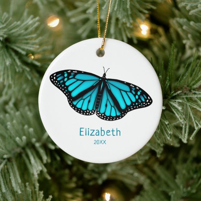 teal turquoise butterfly personalised ceramic ornament (Tree)