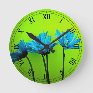 Teal Turquoise Daisies on Lime Green Flowers Gifts Round Clock