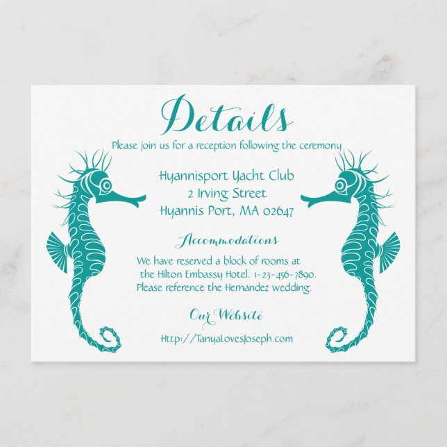 Teal Turquoise Details Seahorse Beach Wedding Enclosure Card (Front)