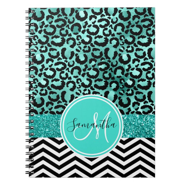 Teal Turquoise Faux Glitter Leopard Print Monogram Notebook (Front)