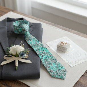 Teal Turquoise Faux Silver Grey Marbled Art Tie