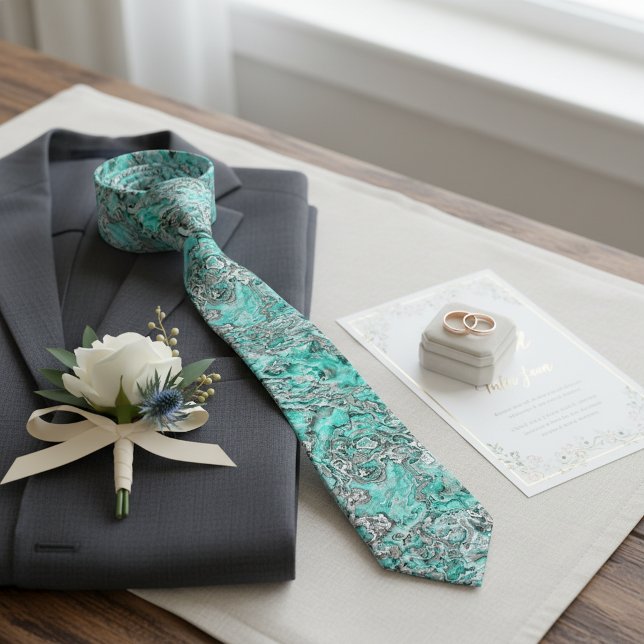 Teal Turquoise Faux Silver Grey Marbled Art Tie (Creator Uploaded)