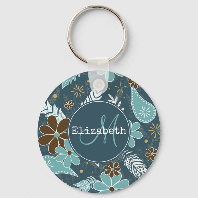 teal turquoise feathery flowery boho pattern key ring (Front)