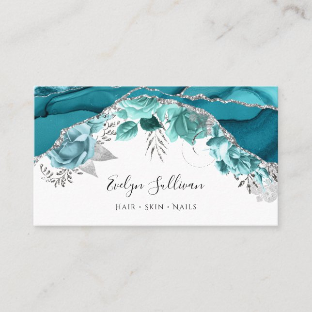 teal turquoise floral agate business card (Front)