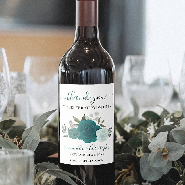 Teal & Turquoise Floral Elegant Wedding Thank You Wine Label (Creator Uploaded)