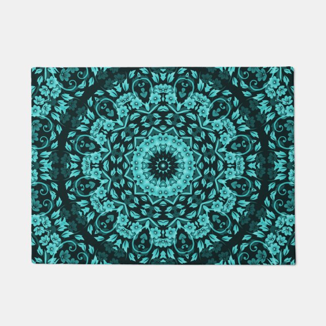 Teal Turquoise Floral Mandala Doormat (Front)
