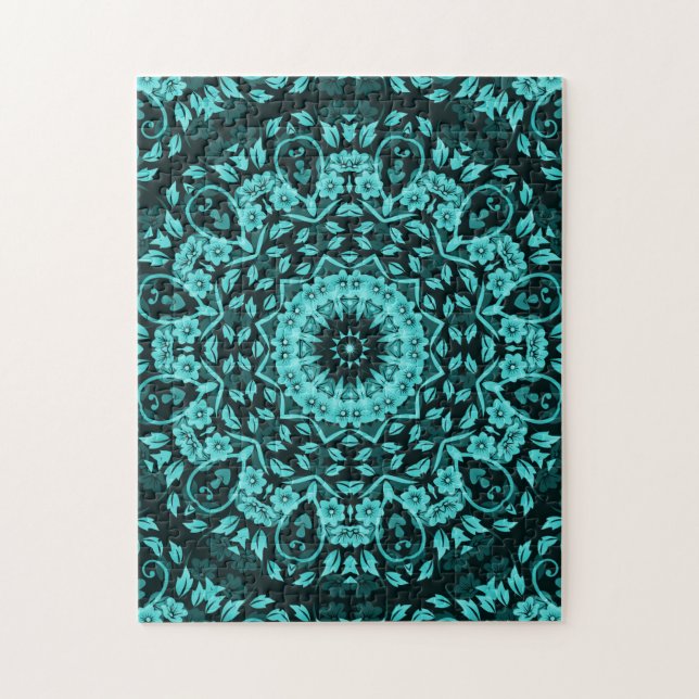 Teal Turquoise Floral Mandala Jigsaw Puzzle (Vertical)